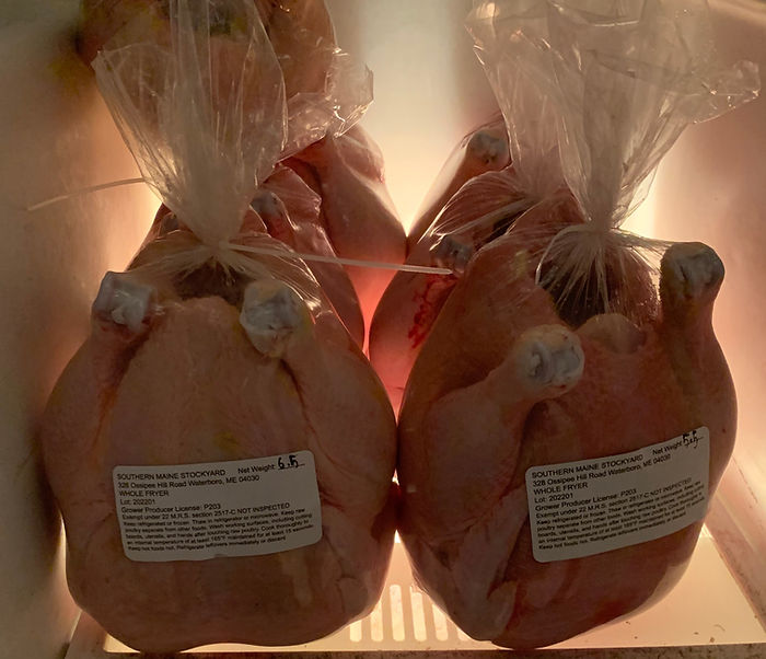 Whole chickens packaged in plastic bags, labeled from Southern Maine Stockyard, stored in a freezer. Each chicken has a net weight of 6.5 pounds, showcasing proper labeling for meat products.