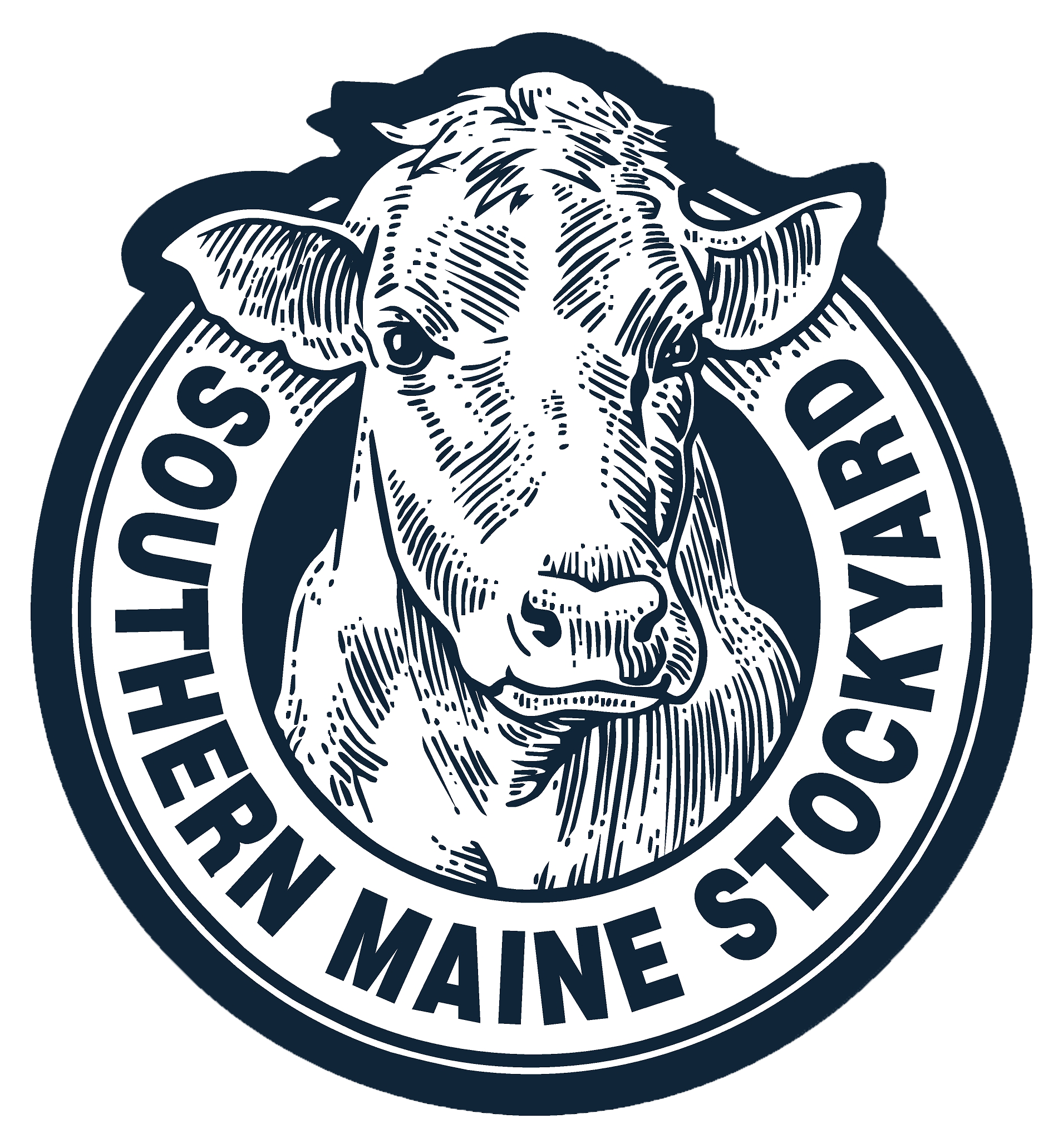 Illustration of a cow inside a circular emblem featuring the text "Southern Maine Stockyard," emphasizing the agricultural and livestock focus of the business.